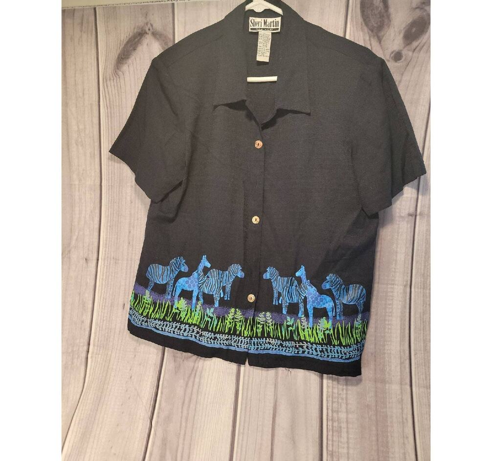 SHERI MARTIN Animal Print Zebra Camel Shirt Women's 14 Travel Vintage